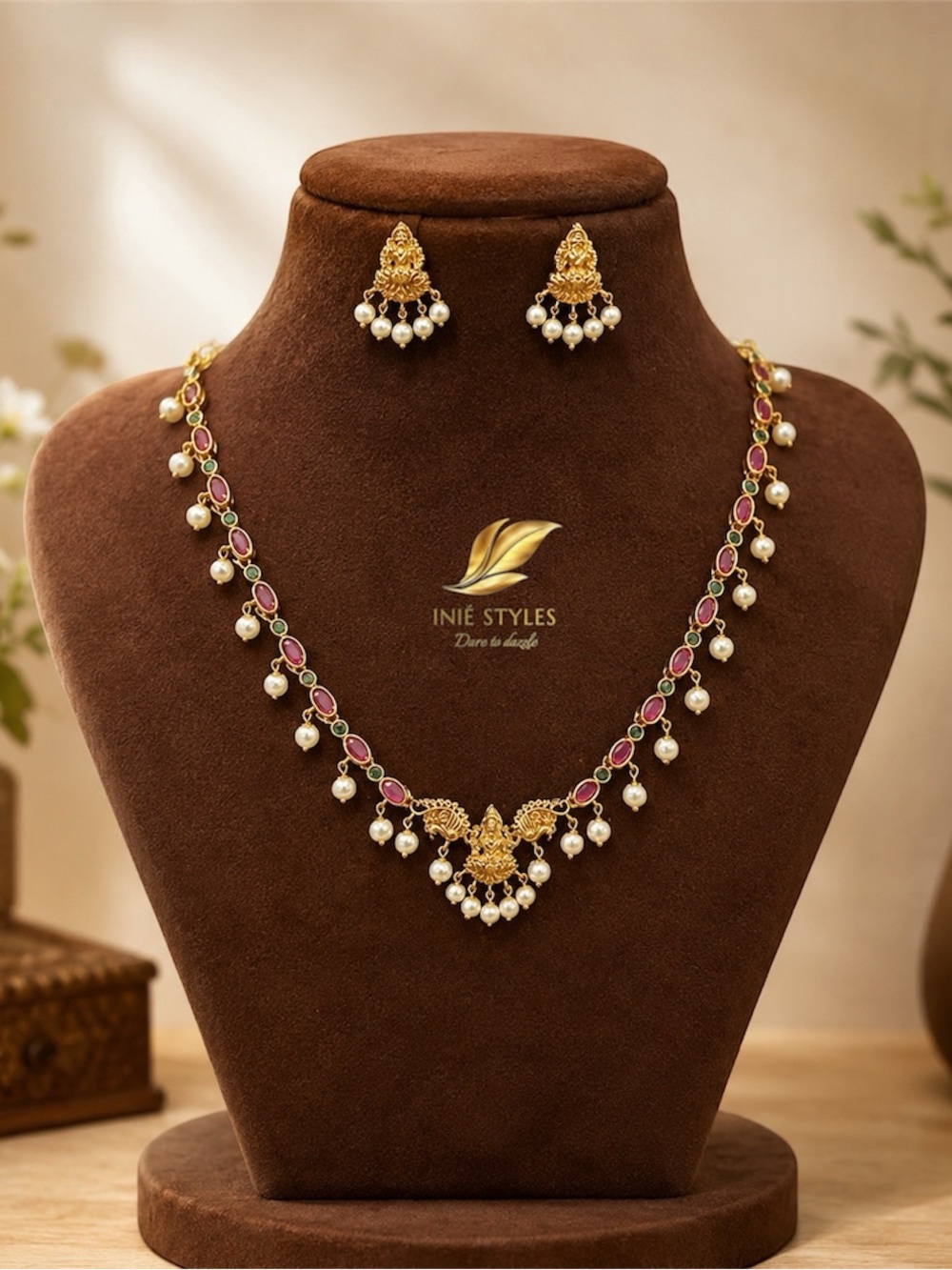 INIE Styles Gold-Tone Pink and White Pearl Necklace Set